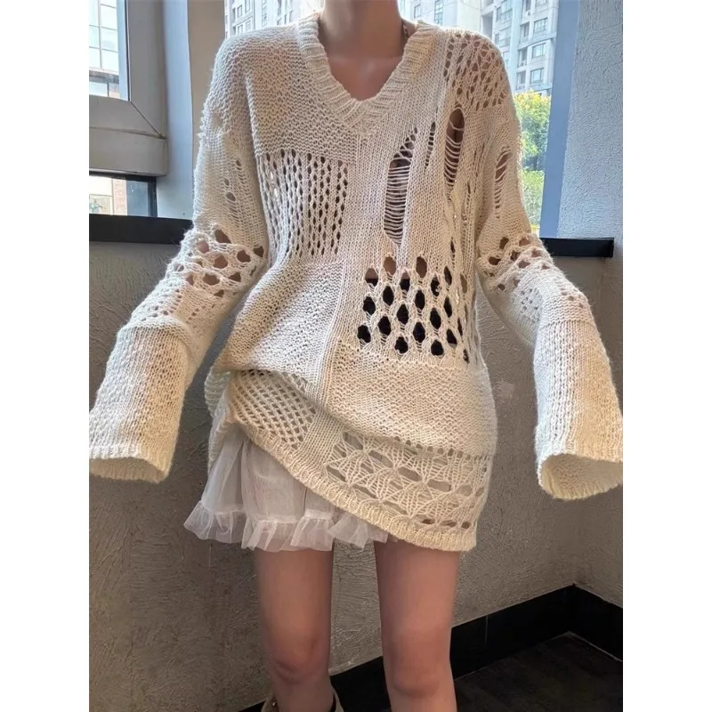 

Y2K Hollow Solid Color All-match Long-sleeved Sweater Women 2025 Autumn New Korean Hole Loose Casual Knitted Pullover Tops