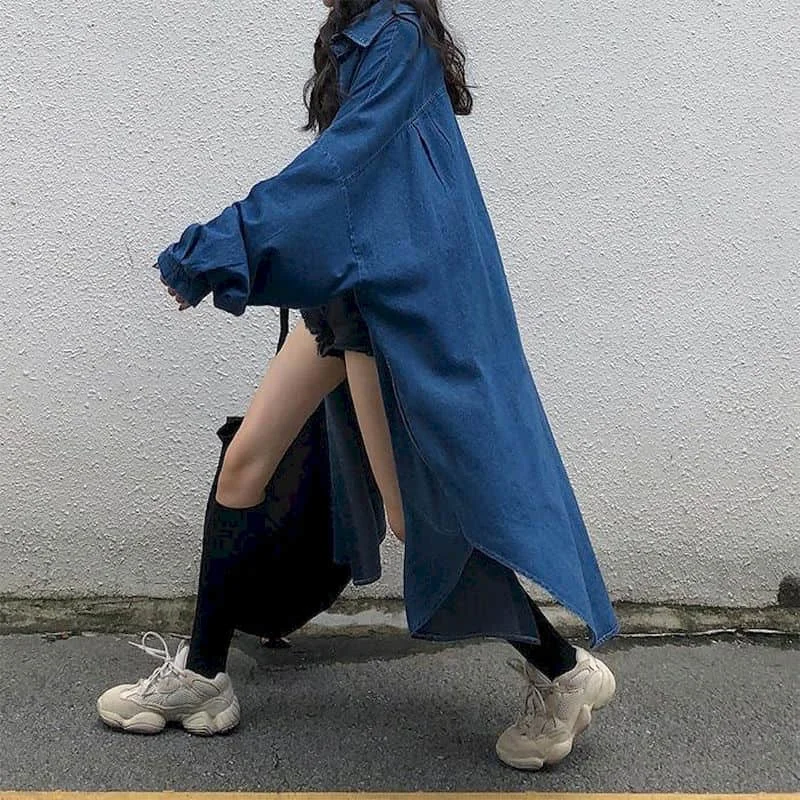 Denim Trench Coats Women Long Sleeve Casual Korean Style Workwear Jackets Vintage Ankle Length Oversized One-piece Women Tops