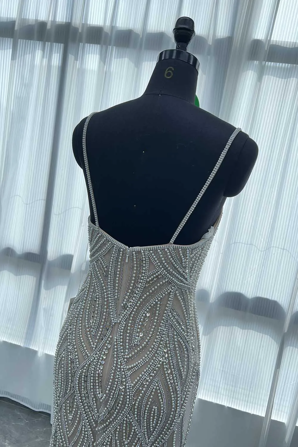 YQLNNE 027 argent cristaux nus longues robes de bal bretelles perles perlées sirène robe de soirée