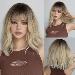 EASIHAIR Blonde Ombre Short Wavy Bob Synthetic Wigs Light Golden Cosplay Lolita Wigs with Bangs Heat Resistant Hair for Women