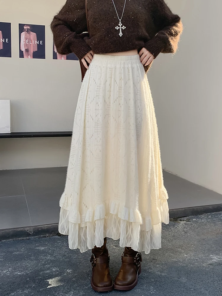 

Романтичная юбка А-силуэта с кружевной отделкой, женская зимняя новинка, дизайнерская модель, асимметричная длинная юбка с высокой талией для женщин