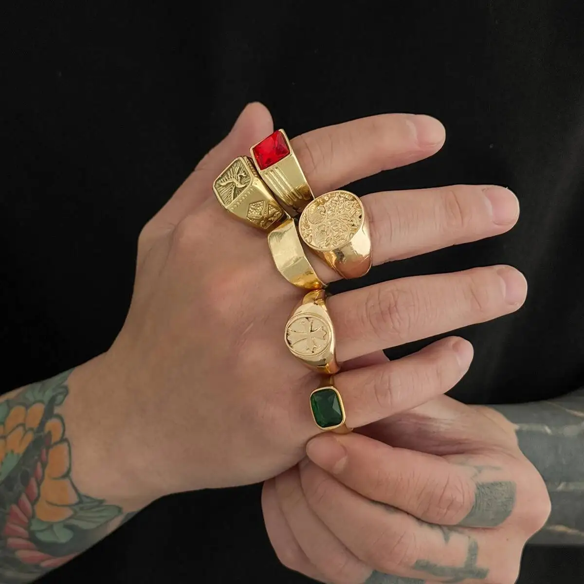 KunJoe 6Pcs/Set Vintage Gold Color Signet Chunky Wedding Charm Rings Men Punk Charm Acrylic Rhinestone Finger Ring Jewelry Gift