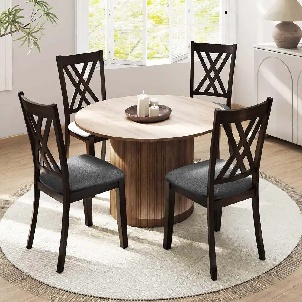 

Set of 4 Dining Chairs, Wooden Kitchen Side Chair with PU Leather Padded Seat, Rubber Wood Frame amp High Back, Farmhouse Dinin
