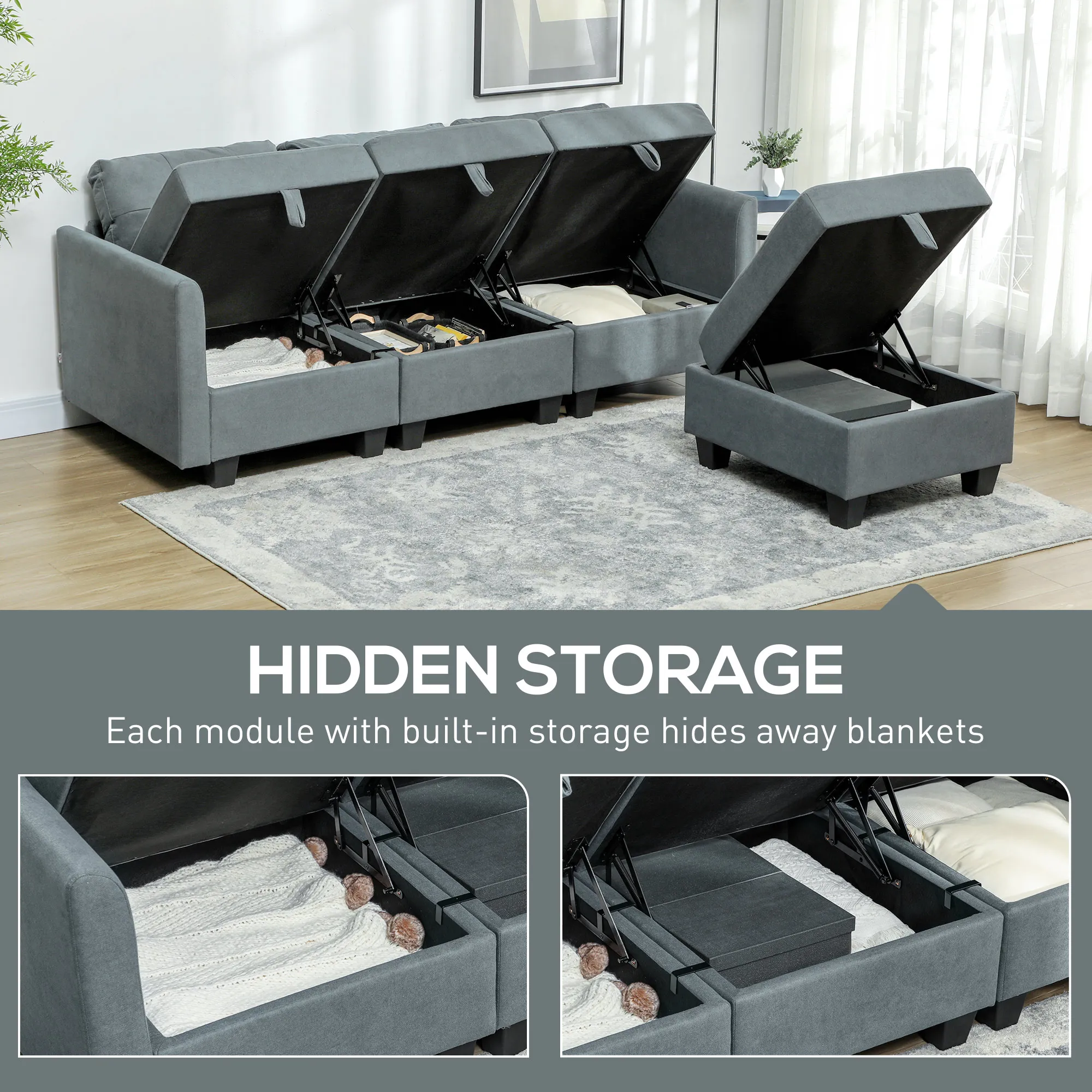 HOMCOM Convertible Modular Sectional Sofa w/ Storage Wood Frame