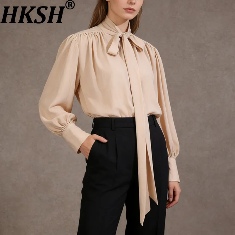 

HKSH 2026 Spring Autumn New Women Shirt Lace-up Long Sleeves Pleated Solid Color French Elegant Chiffon Blouse Chic Tops HK18573