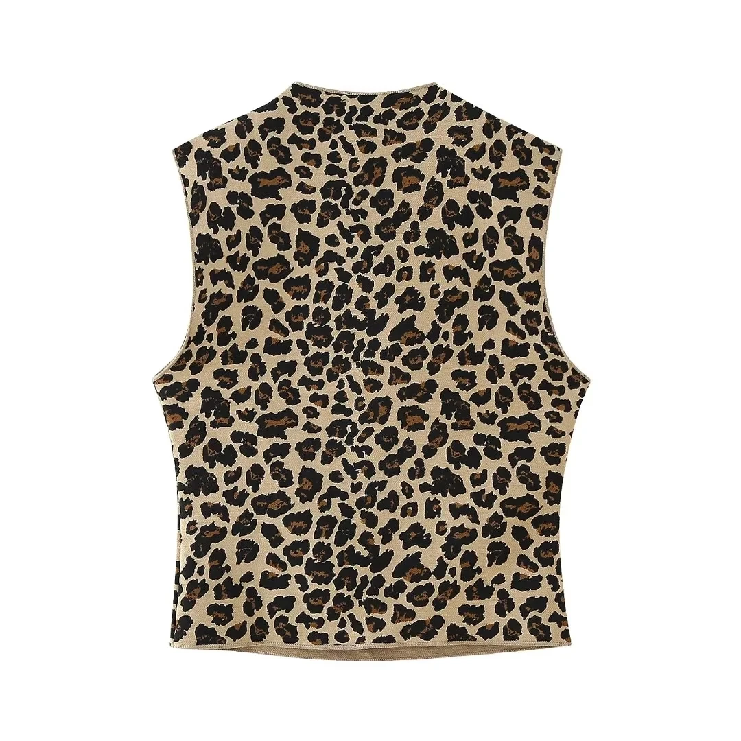 TRAF 2024 Leopard Crop Tops Woman Vintage Sleeveless Knit Tank Top Women Square Neck Animal Print Blouse Stretch Summer Tops