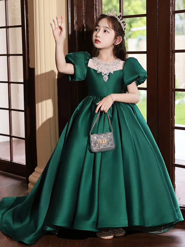 2024 Dark Green Party Dress for Teenager Girls Kids Luxury Princess Beading Banquet Dresses with Train Children Gala Ball Gowns