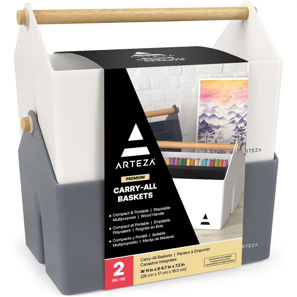 

Plastic Portable Craft Storage Organizer, Pack of 2, Gray and Ivory, 3-Sectioned Plastic Basket with Handle, Caddy Organizer