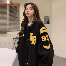 Bomber Jackets Women Harajuku Korean Fall Winter Vintage Oversized Button Varsity Baseball Black Jacket Coats Women Top 2022