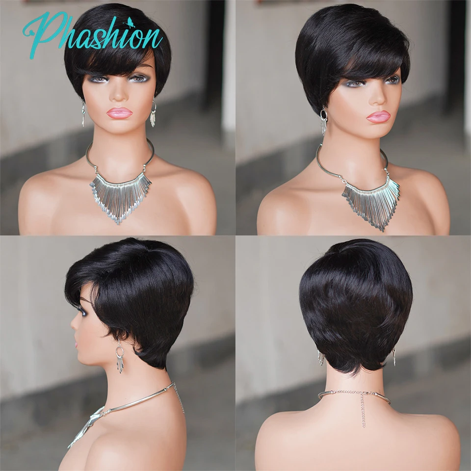 Phashion Colored T1B/27/30/99J Pixie Cut Human Hair Wigs With Bangs Short Straight Wig Brazilian Remy Cheap Machine Made On Sale