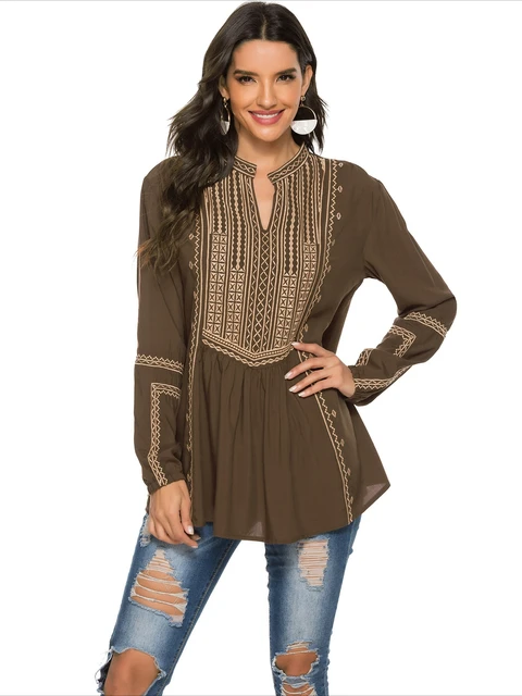 Folk Vintage Ethnic Embroidery Tunic Blouse Top Brown Long Sleeve Women  V Neck Loose Boho Retro Rayon Ladies 23xl Casual Shirt