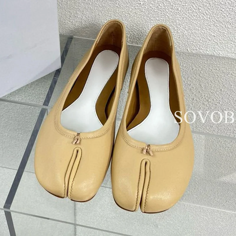 Spring Summer Genuine Leather Split Toe Ballet Shoes Women Shallow Mouth Pig Trotte Shoes Flat Bottomed Bean Shoes Lazy Loafers