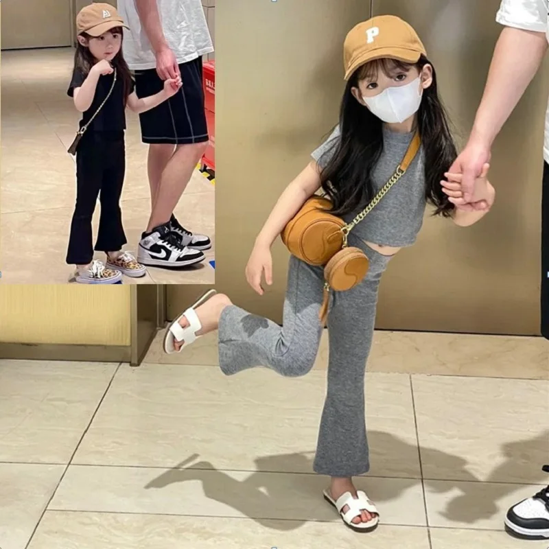 

Летние хлопковые однотонные укороченные футболки для маленьких девочек, топы + эластичные расклешенные брюки, детский спортивный костюм из 2 предметов, детская одежда, От 2 до 8 лет