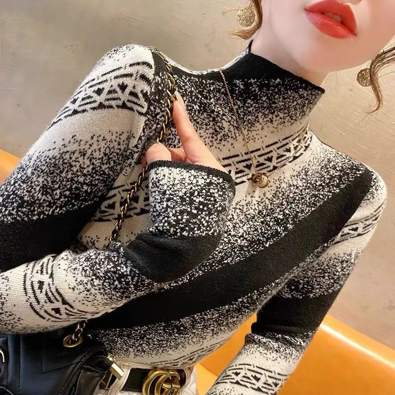 Autumn Winter New Women\'s Pullovers Contrast Color Half High Collar Casual Sweaters Fashion Versatile Slim Long Sleeve Tops