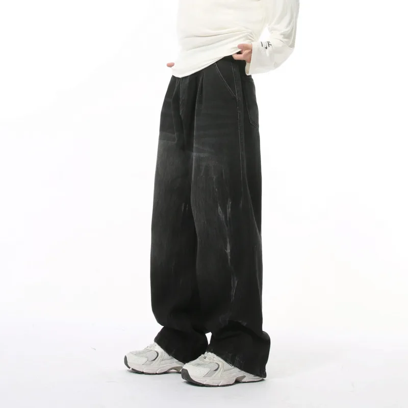 Colección de otoño para hombres, patrón lavado retro de moda, pierna recta ancha, pantalones vaqueros sueltos y versátiles para hombres y mujeres