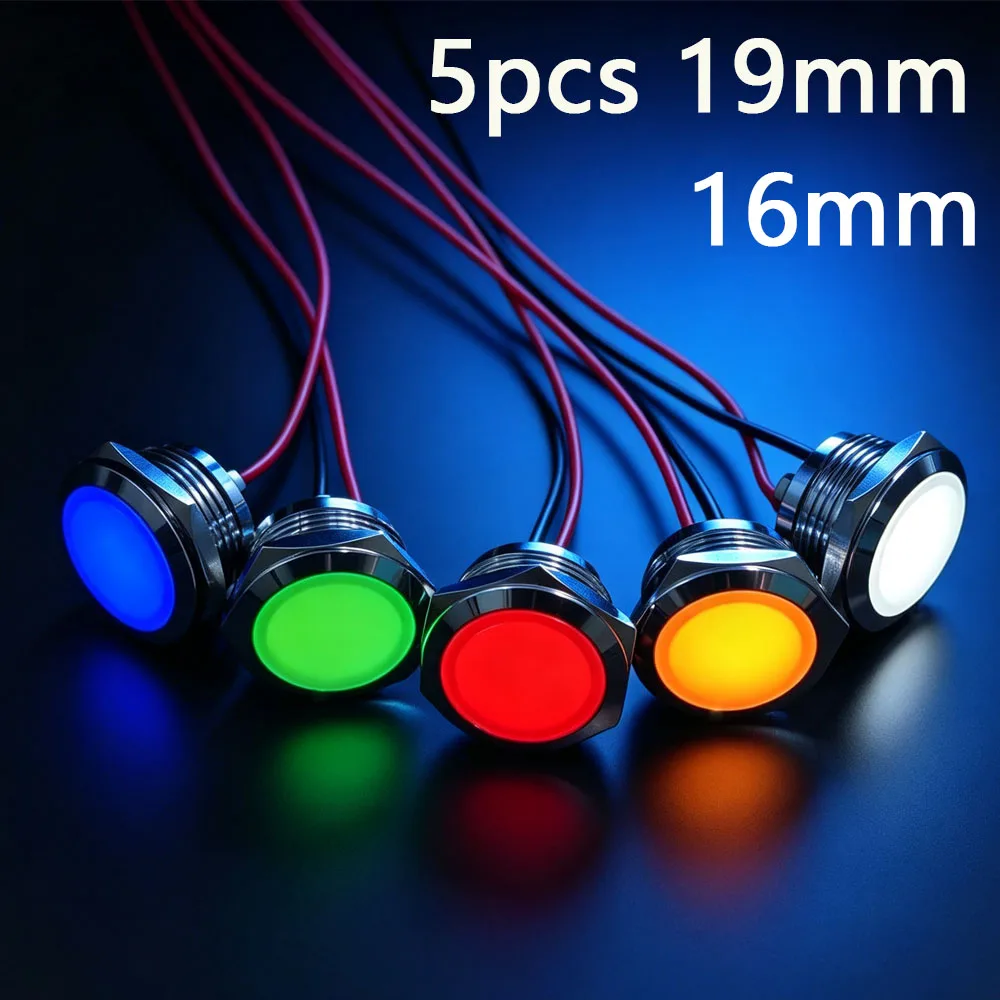 5pcs 16mm 19mm Metal Indicator Light Warning LED Waterproof Signal Light 3V 5V 6V 12V 24V 220V Red Blue Green White Yellow