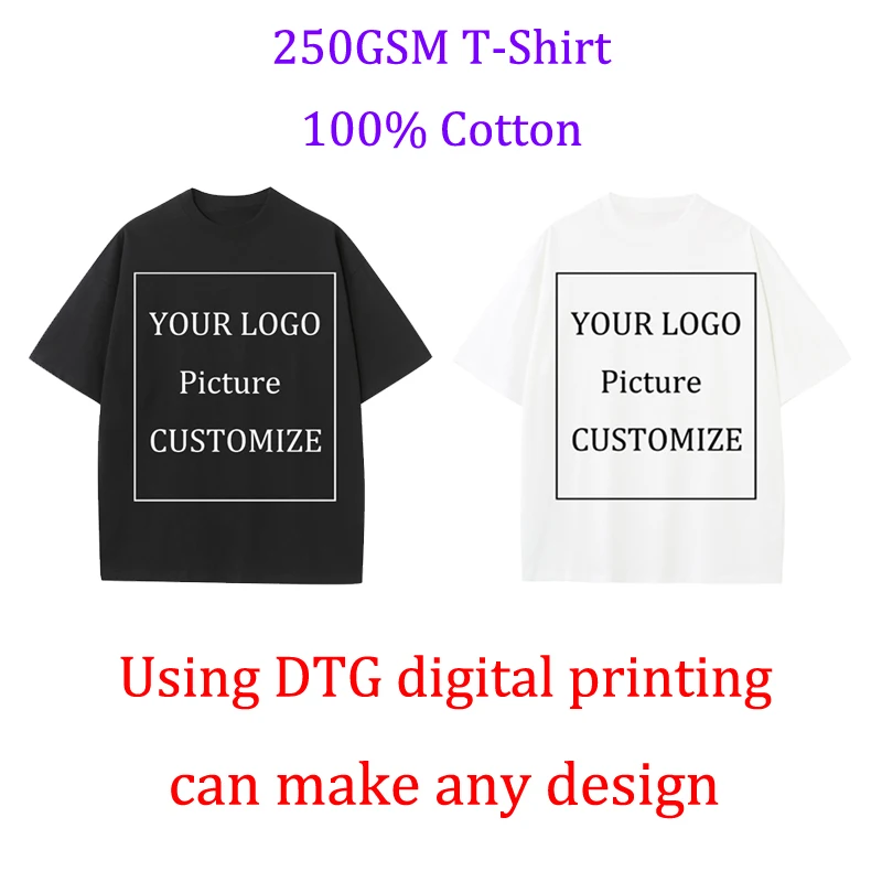 

DIY Customize Cotton Tshirt Men Women 250Gsm High Qualtity Oversized Heavy T-shirt Short Sleeve Tops Custom Logo/Picture/Design