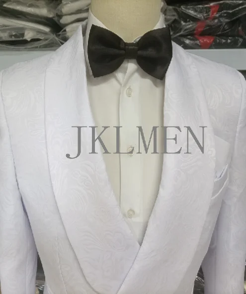 Custom Pour Hommes Made Groomsmen  White Pattern Groom Tuxedos Shawl Lapel Suits 2PCS Wedding ( Jacket+Pants )Costume Homme