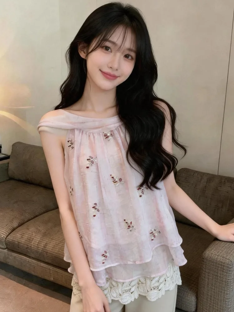

Korean Style Embroidered Patchwork Sash Shoulder Fashionable Summer New Women's Clothing Irregular Split Two-Piece Effect Blouse