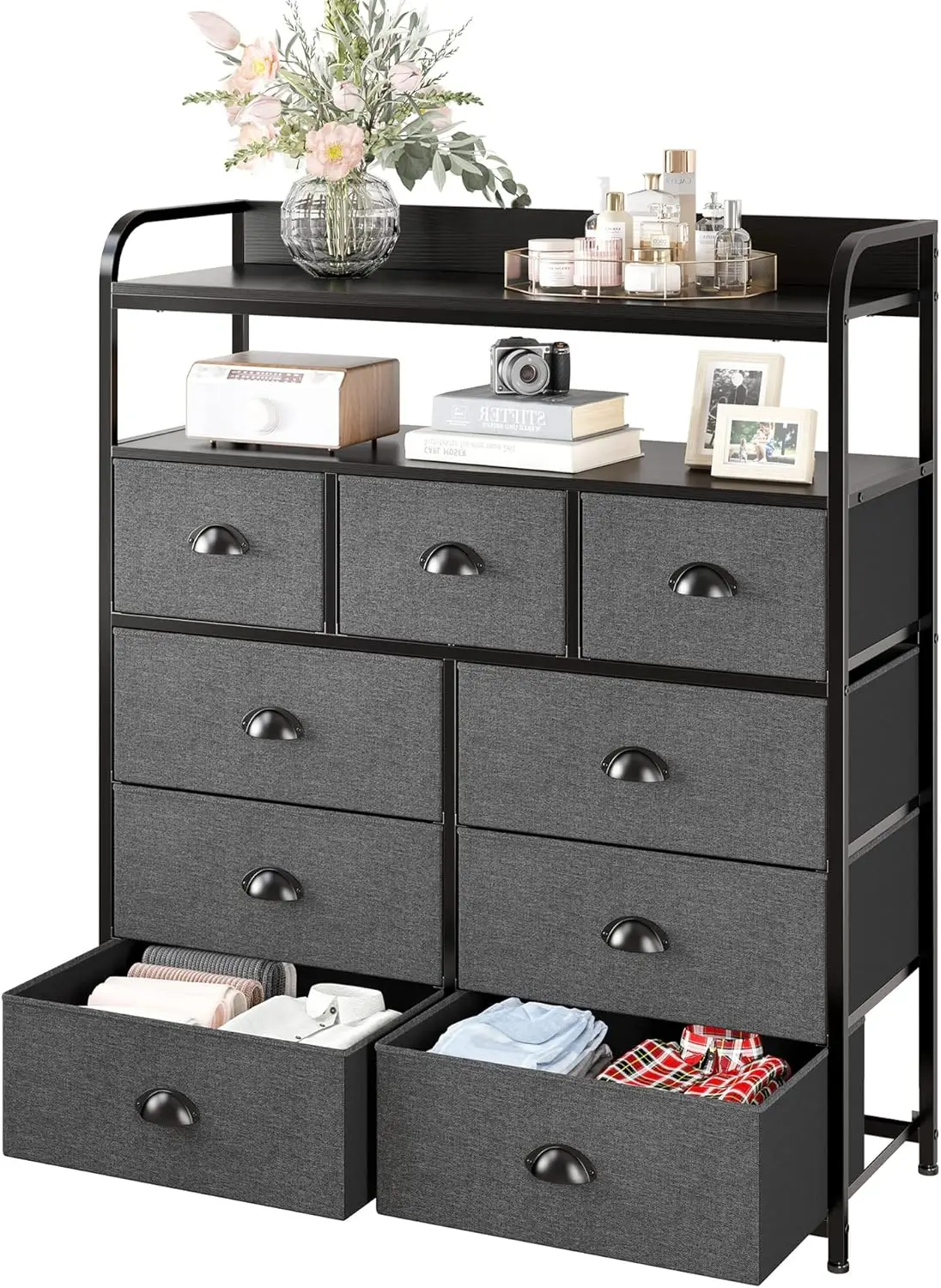 

Dresser for Bedroom with 9 Drawers, Dressers with 2 Open Shelves, Fabric Dressers & Chests of Drawers for Bedroom, Sturdy Met