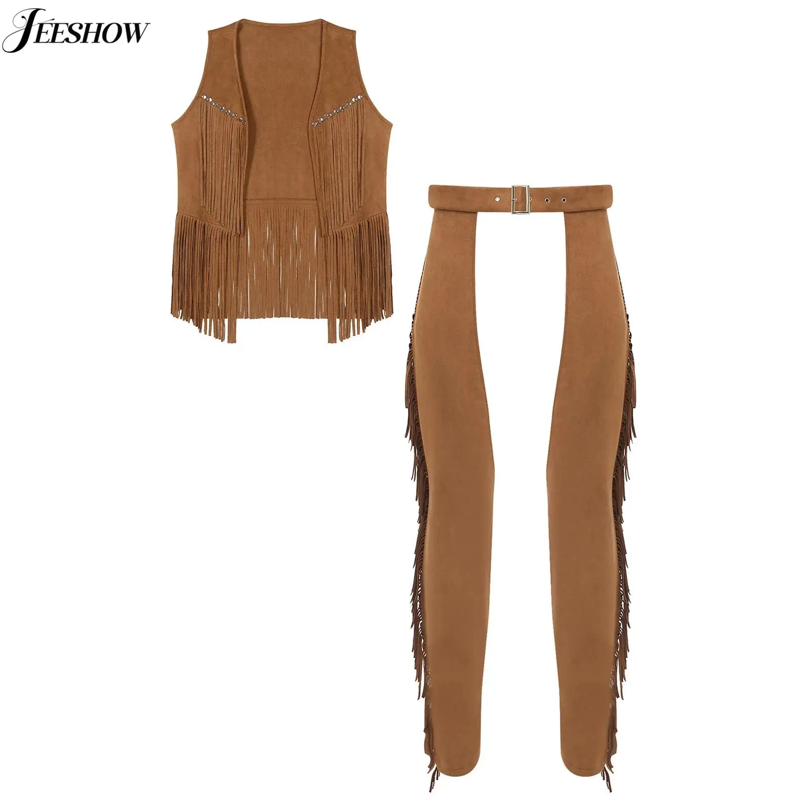 

Mens 2PCS Western Cowboy Costume Fuax Suede Tassel Open Front Vest Top with Hollow Out Chaps Pants for Halloween Theme Party
