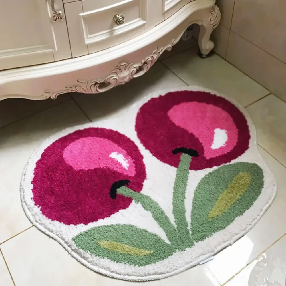 1pc Cute Cherry Tufted Rug Doormat Soft Thick Fluffy Tufted Bathroom Absorbent Rug Bathroom Bedroom Entrance Floor Mat