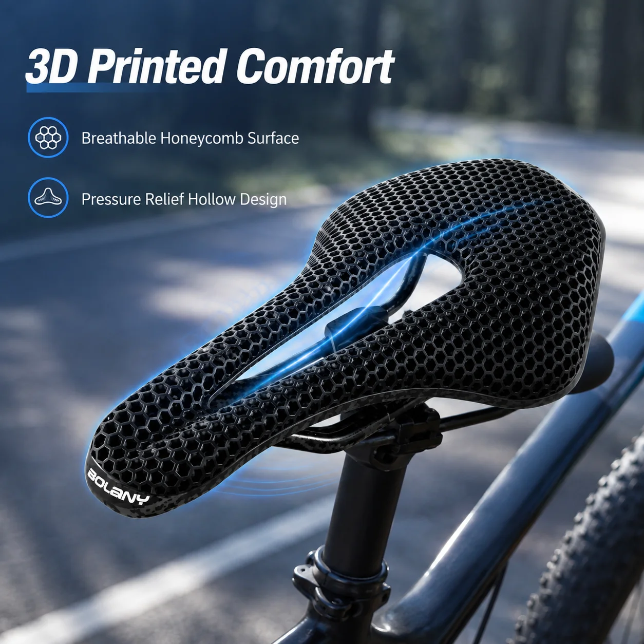 BOLANY Honeycomb Breathable Bike Saddle 247x145mm Hollow Center Cushioned Seat with Cr-Mo Steel Rails for MTB Road Cycling