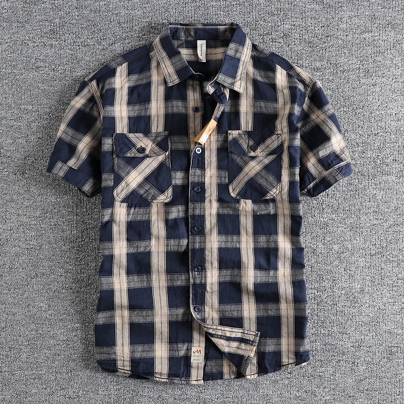 

Summer New American Retro Short Sleeve Lapel Classic Plaid Shirt Men's Fashion 100% Cotton Washed Double Pocket Casual Blouses