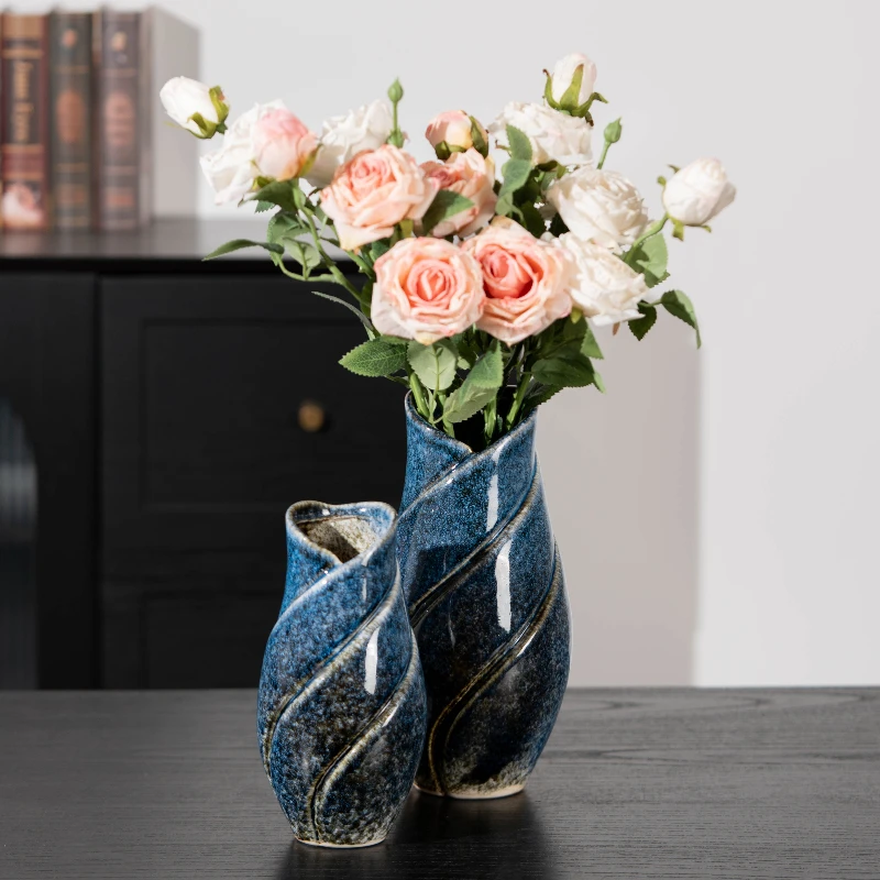 Kiln Changed Blue Speckled Glaze Spiral Twisted Ceramic Vase Unique Art Flower Vase Table Decor Fresh & Dried Flower Vase