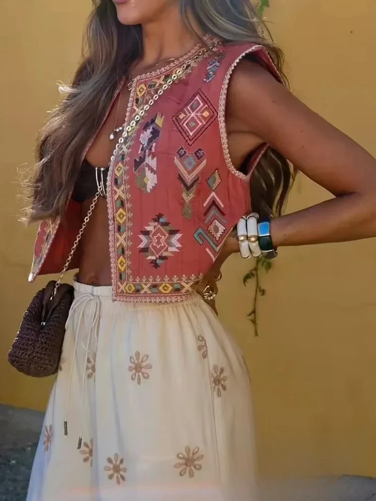 

KONDALA Casual Vintage Women Embroidery Print O-Neck Sleeveless Open Stitch Straight Jackets Coats New Fashion 2024 Autumn Vests