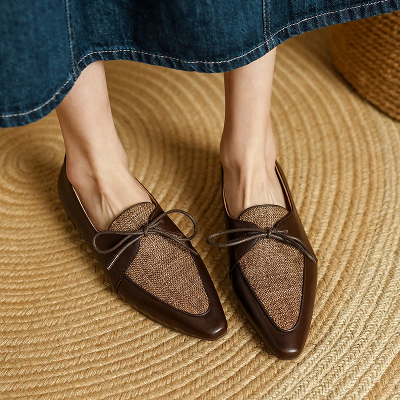 Womens Retro Shoes Pointed Toe Lace-Up Flats Patchwork Vintage Footwear French Style Spring Autumn Ladies Handmade Footwear