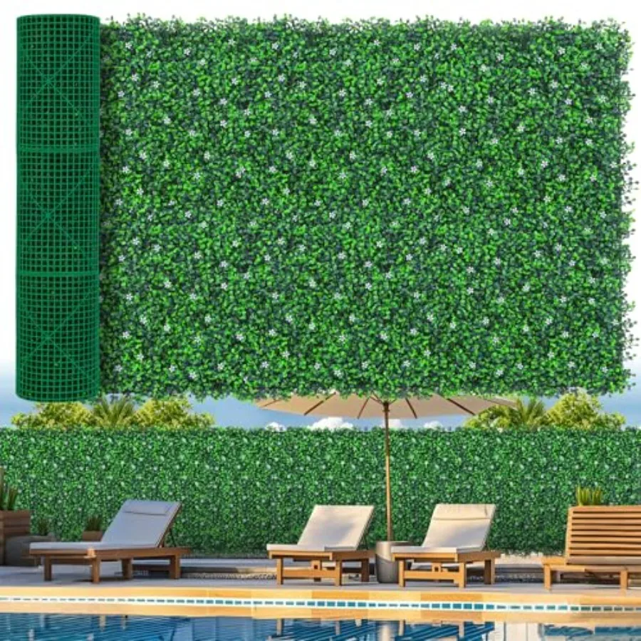 

60"x 120" 50 sq.ft Artificial Boxwood Roll Panels with Flowers UV-Anti Faux Ivy Leaves Privacy Fence Screen Grass Wall Ro