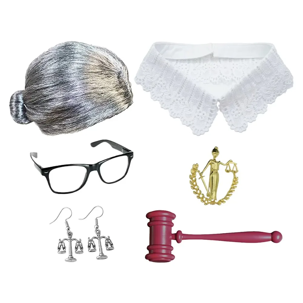 PESENAR Kit de cosplay d'avocat juge pour Halloween, avec perruque, collier, lunettes, gavel et bijoux de justice, pour costume de fête de carnaval et d'Halloween