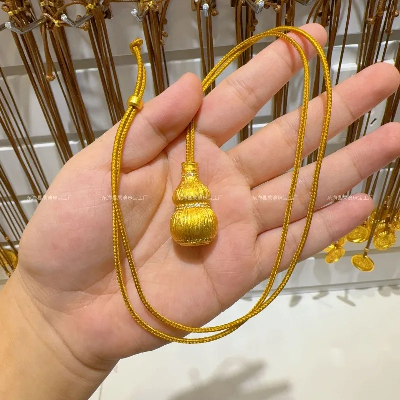 Gold Plated Fade Resistant Traditional Sand Gold Filigree Diamond Accent Wealth Gourd Lariat Necklace Adjustable Brushed Jewelry