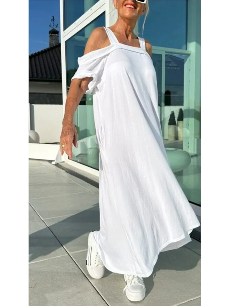 

New Fashion Hollow Off Shoulder Solid Loose Dresses Women Casual Holiday Long Dress Summer Suspender Beach Short Sleeve Dress