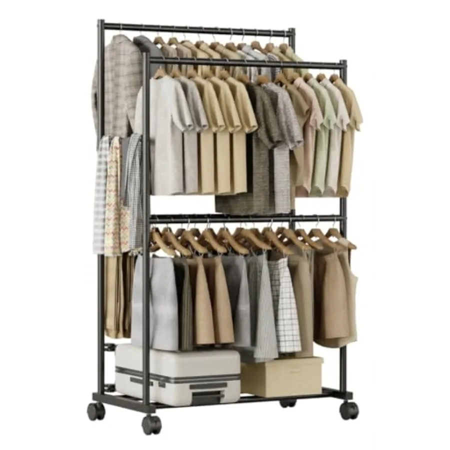 

Clothes Rack -, 4-Bar Double Rod Rolling Metal Clothing Rack for Hanging Clothes, Portable Garment Rack with Wheels for Bedroom
