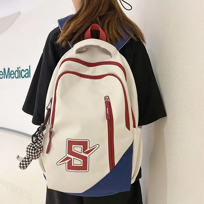 Contraste de grande capacidade cor vermelha mochila, mochila feminina, estudante do ensino médio, versátil e durável