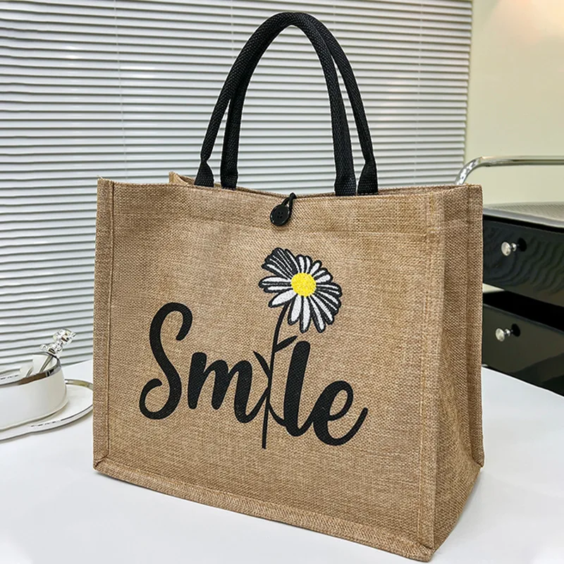 Women Fashion Smile Daisy Vintage Natural Style Woven Bag Letters Tote Bags Large Storage Shopping Handheld Handbags