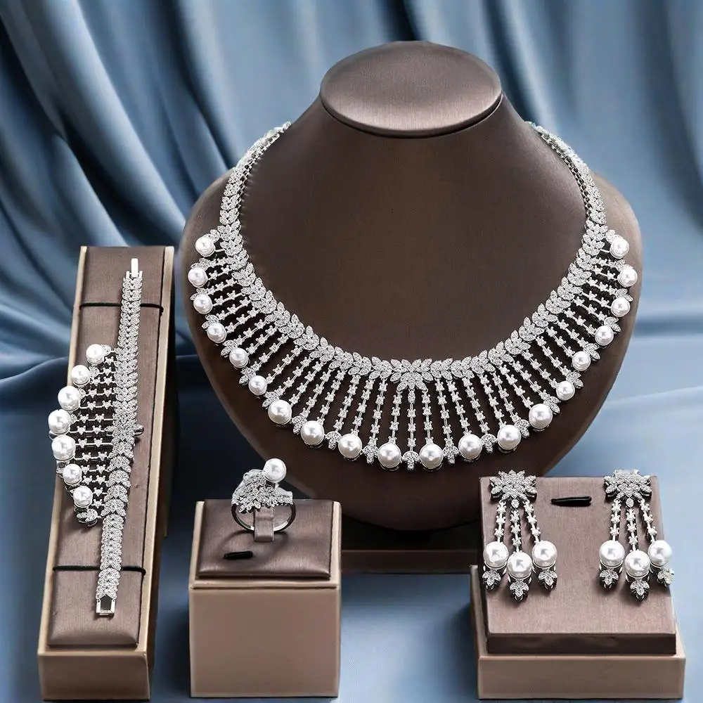 

Elegant Pearl Wedding Jewelry Set for Women Dubai UAE Bridal 4-piece Jewelry CZ Zircon Pearls Necklace Earrings Set