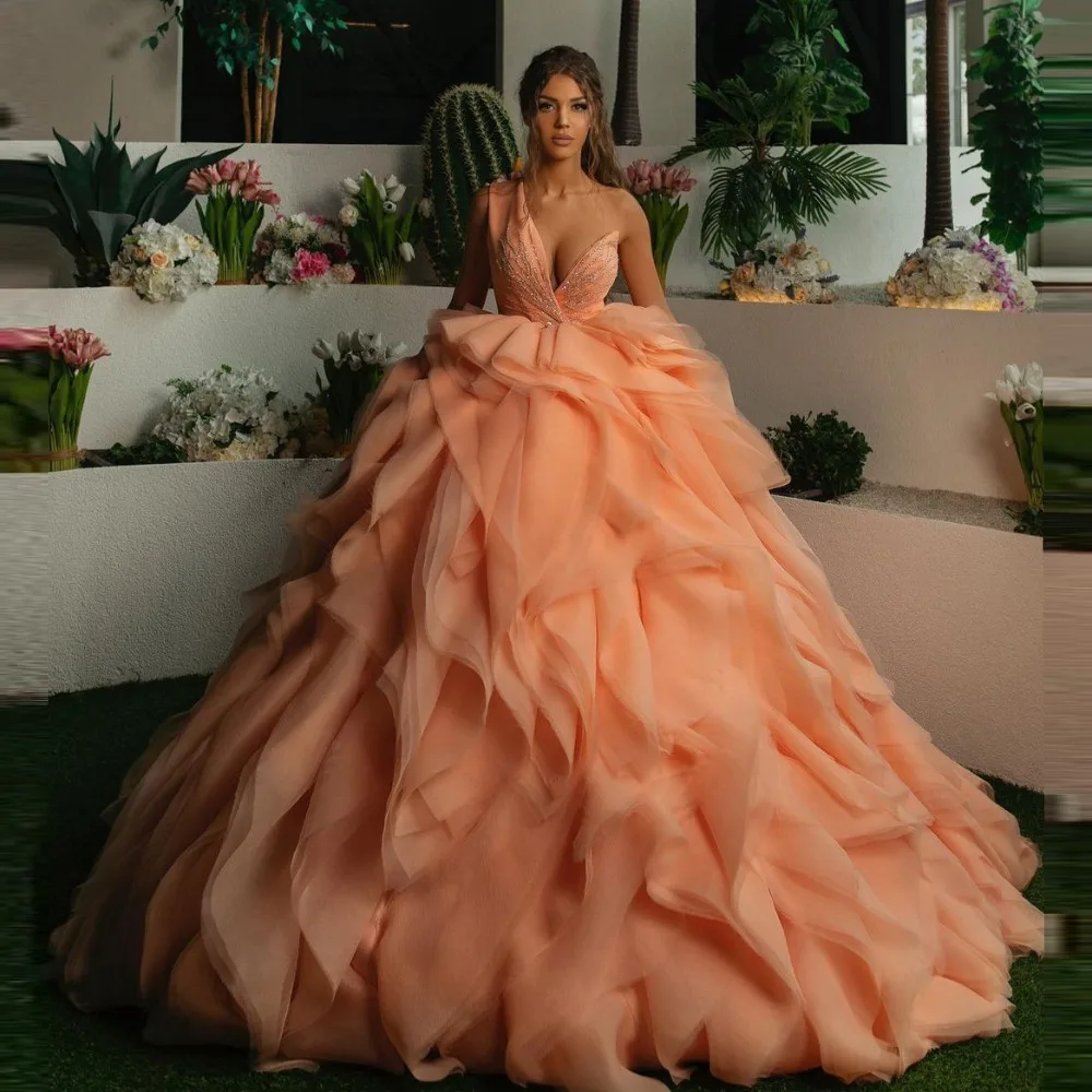 Vestido de graduación de princesa con cuello en V sin mangas, apliques de cuentas, vestido Formal de noche, vestido de fiesta de boda