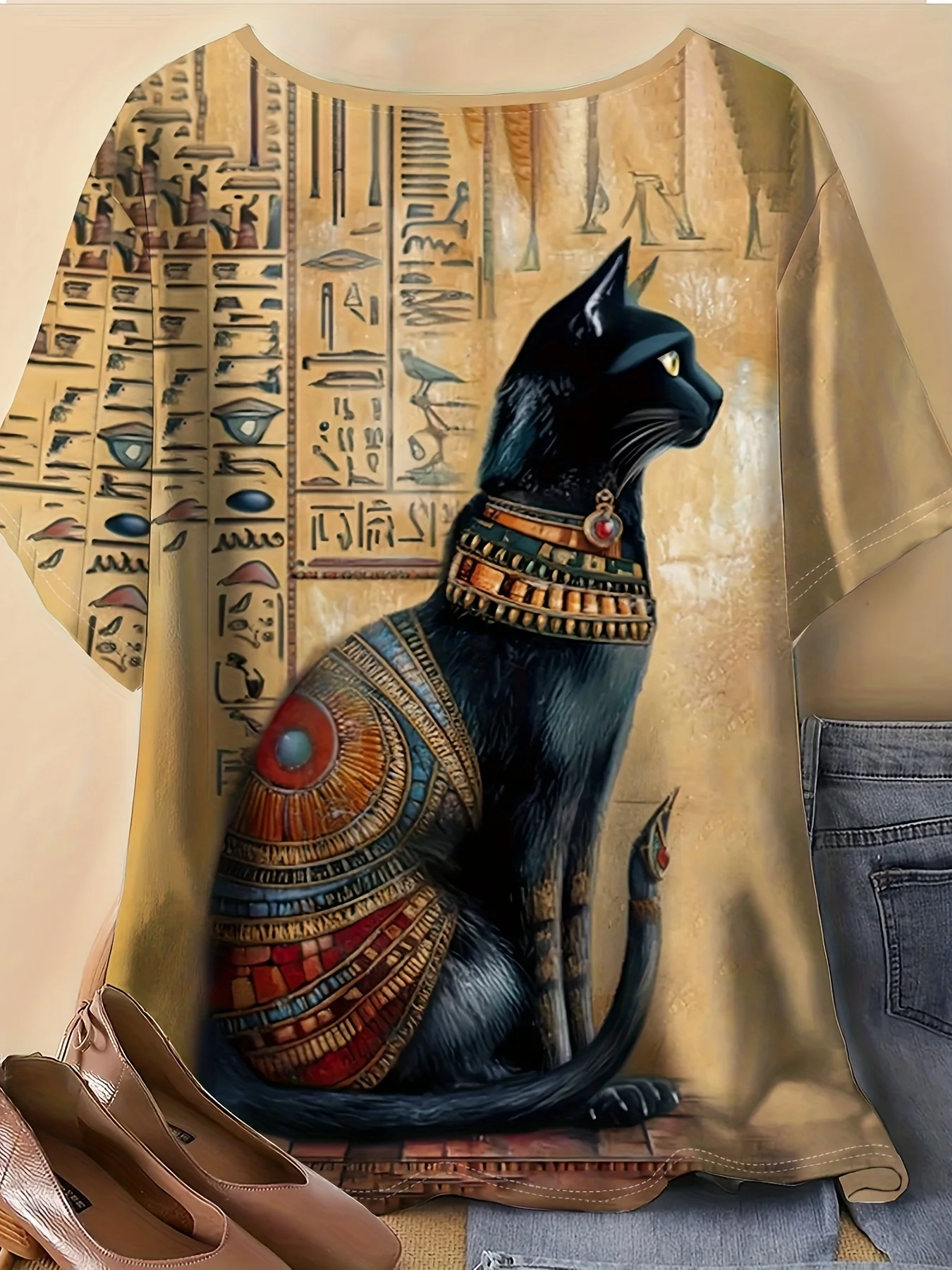 Women Short Sleeve T‑Shirt Ancient Egypt Black Cat Hieroglyph Art Print Crew Neck Loose Casual Tops