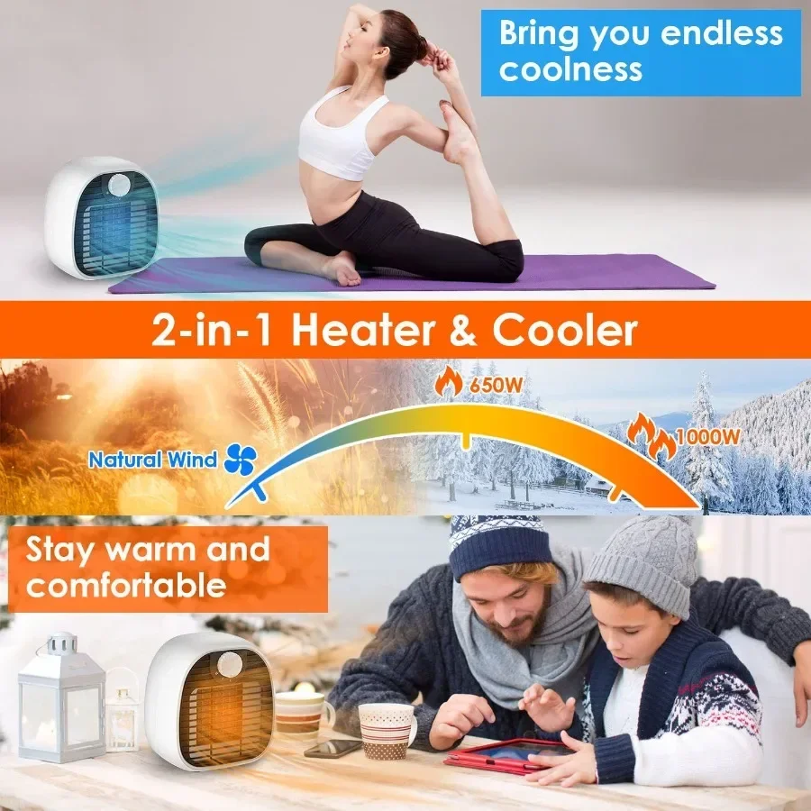 1000W Portable Electric Heater Cooler 3 Gear PTC Ceramic Space Heater Overheating Tip Over Protection 3S Heating Space for 269