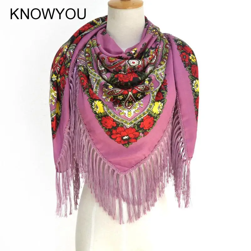 Russian Ethic Style Scarf Plus Size 135*135Cm Square Pashmina Women Retro Print Floral Wrap and Shawls Fringe Mujer Bufanda