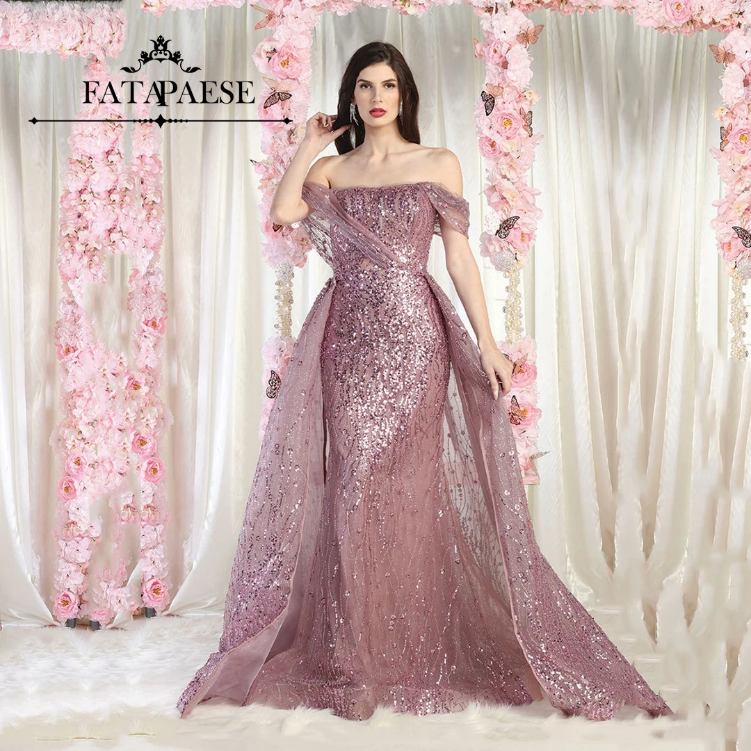 FATAPAESE Exquisite Prom Dress Off-shoulder Sheer Boned Bodice Sheath Silhouette is Adorned with Glittering Embellishments Gown