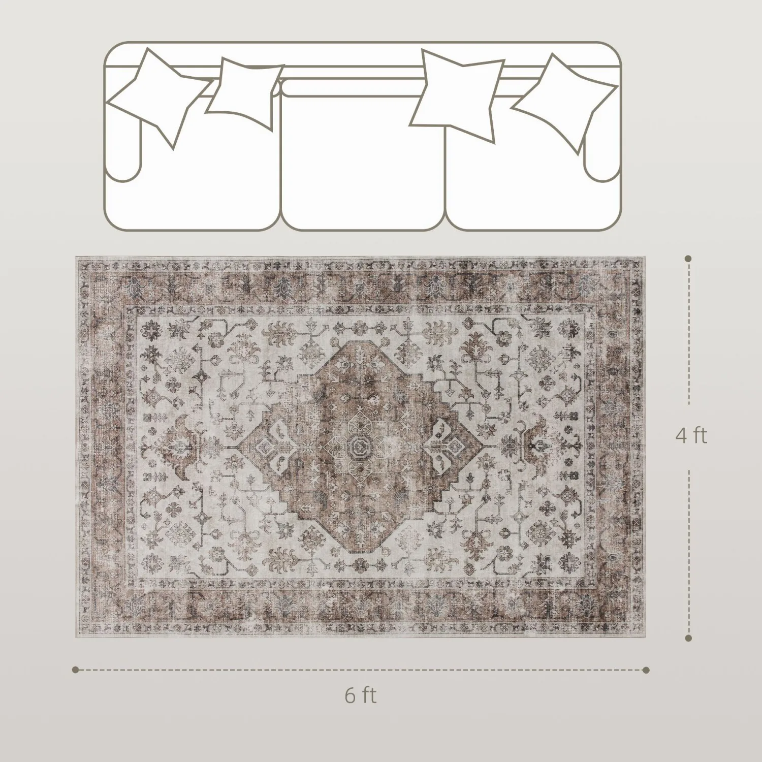 

HOMCOM 4x6 Area Rug, Vintage Machine Washable Rug, Non-Slip Floor Carpet for Living Room, Bedroom, Dining Room, Tan