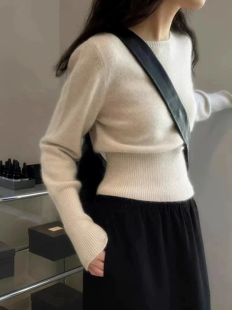

High-Waist Sweater Off Shoulder Cropped Slim Pullover Soft Plush Fuzzy Fitted Sweater European Chic Warm Short Knitwear