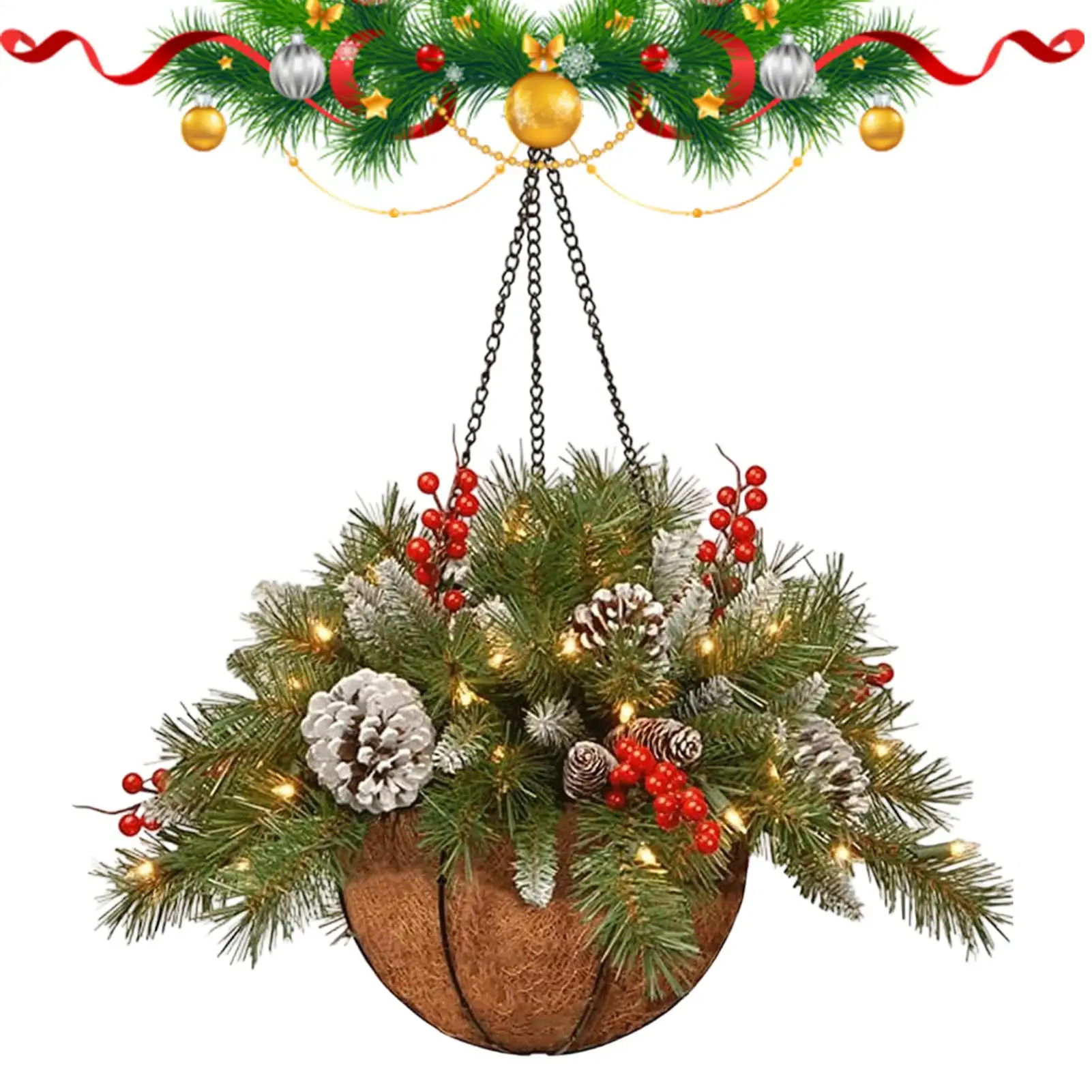 Artificial Christmas Greenery Lighted Faux Berry Hangable Basket Festive Fake Plant Decor for Homeowners Renters Decorators Home
