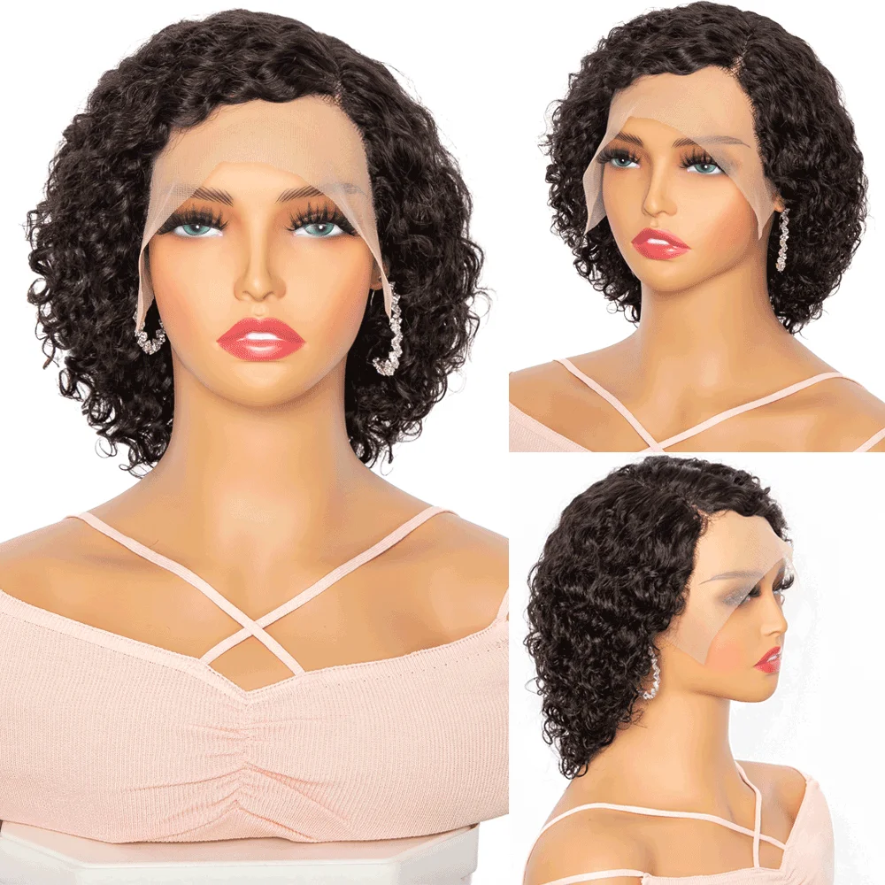 Short Bob Curly Pixie Cut Wig Human Hair 13X1 HD Transparent Lace Human Hair Wigs Remy Deep Water Curly Lace Wig Pre Plucked