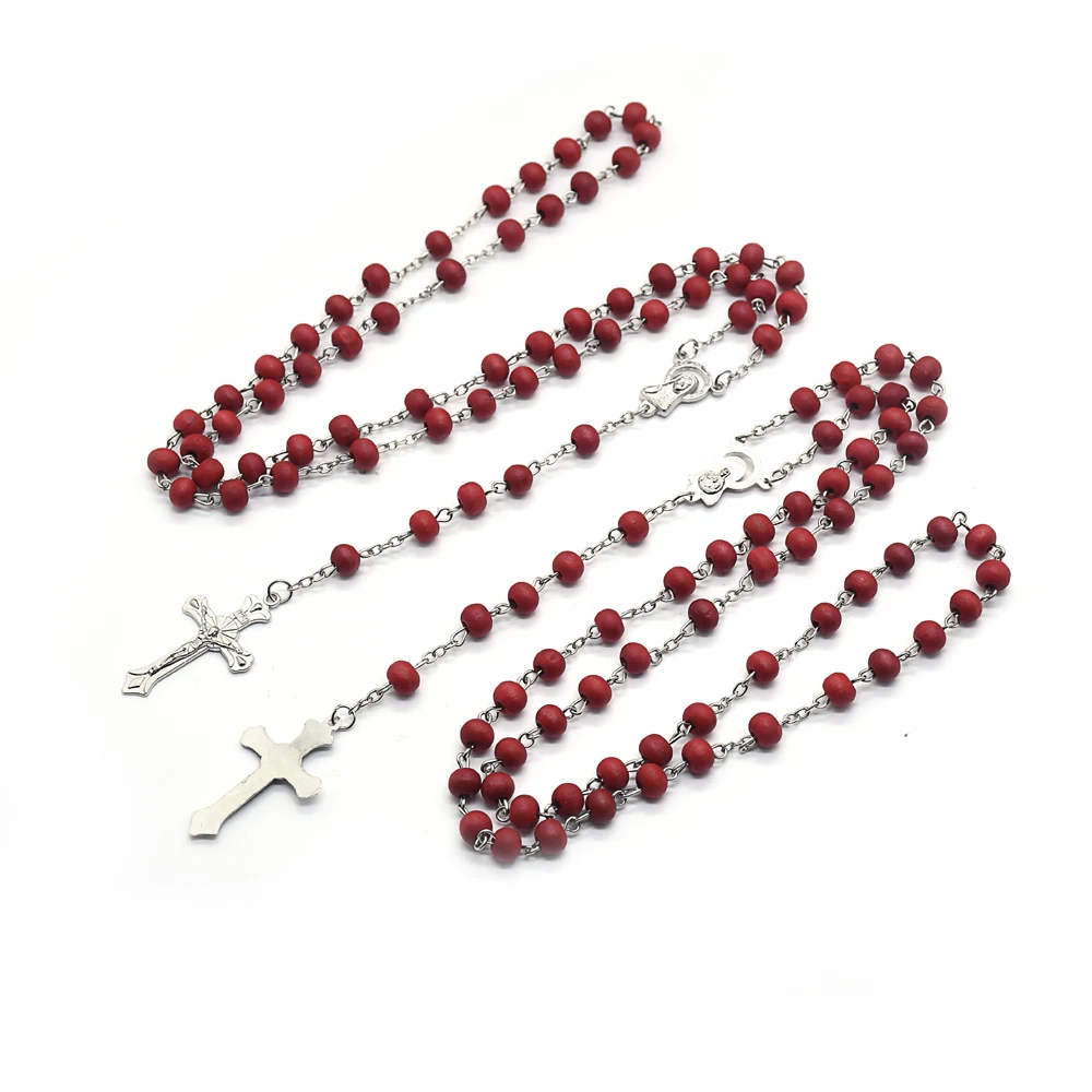 Scented Wine Red Wood Bead Crucifix Pendant Rosary Necklace Box Set For Women Men