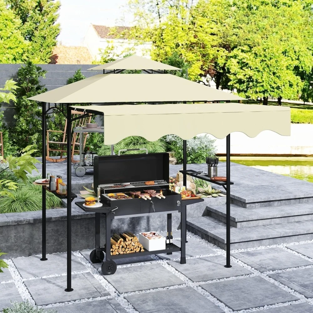 

8' X 5' Grill Gazebo, Double Tiered Outdoor BBQ Gazebo with Side Awning, 2 Side Shelves and 6 Hooks , Customized